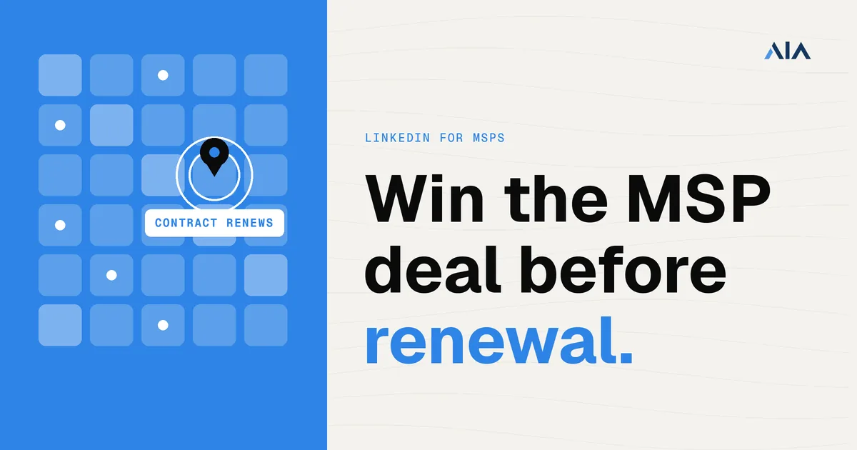 A territory map of blue blocks with a few account pins and one highlighted account pinned at contract renewal, next to the headline "Win the MSP deal before renewal."